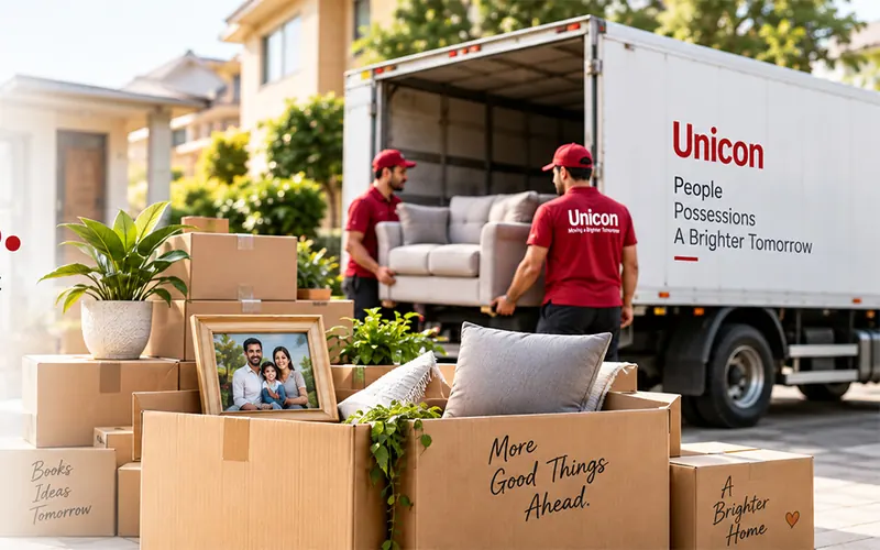 Unicon packers and movers team loading household goods for a home shifting in Delhi